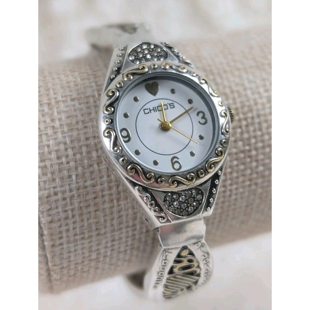 Chico's Heart Cuff Watch Silver Gold Tone Rhinestone Bangle Quartz